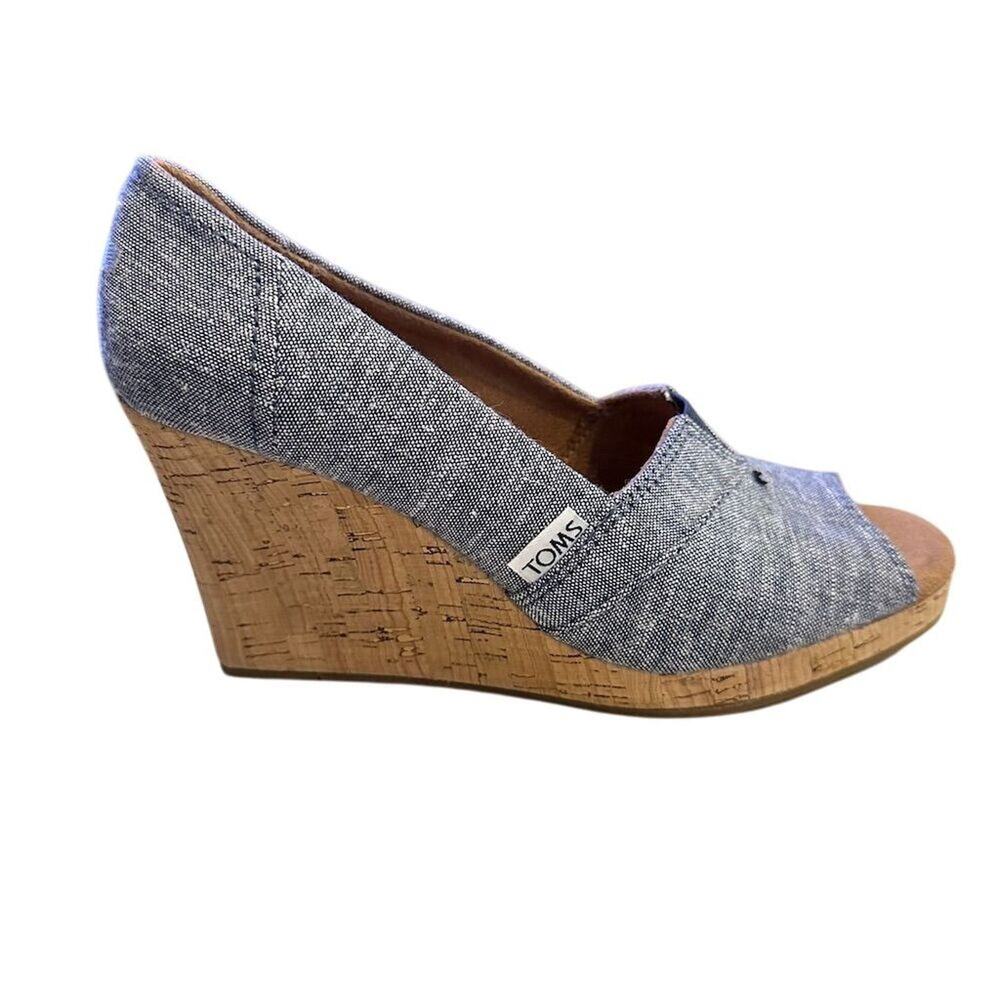 TOMS Women's Blue Chambray Wedge Slip-On Peep Toe Heels Casual size 6 - Picture 4 of 13